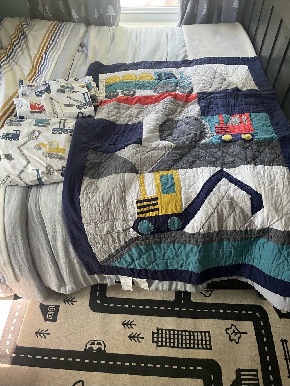 Pottery Barn Kids Jax Construction Toddler Quilt and sheets
